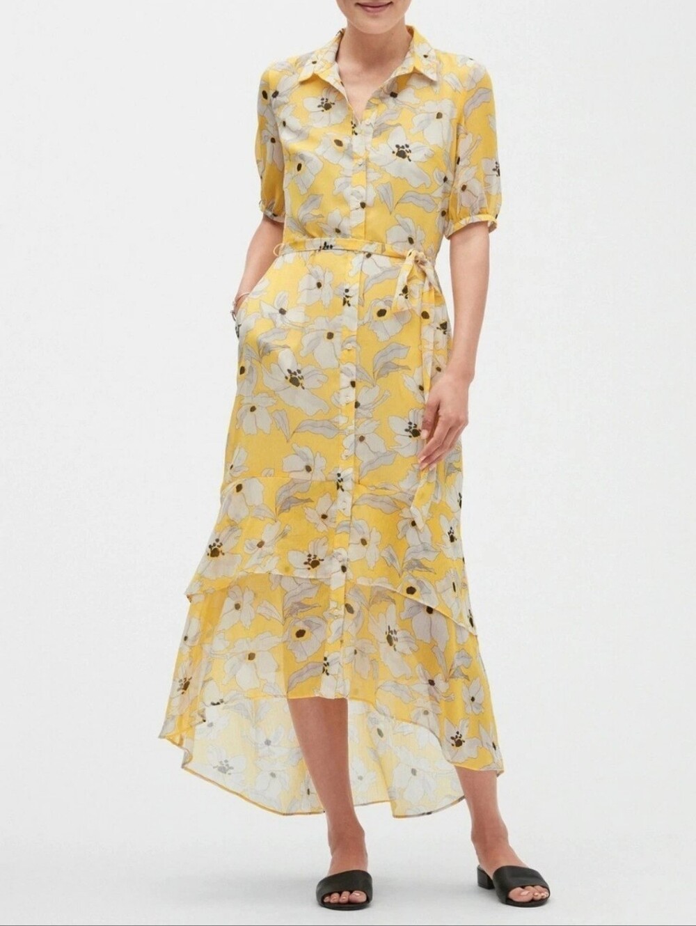 Banana Republic Women's 8 Yellow Floral Chiffon Midi Shirt Dress Belted Button